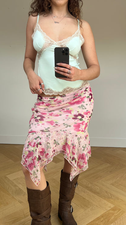 00s pink floral midi skirt- size `S