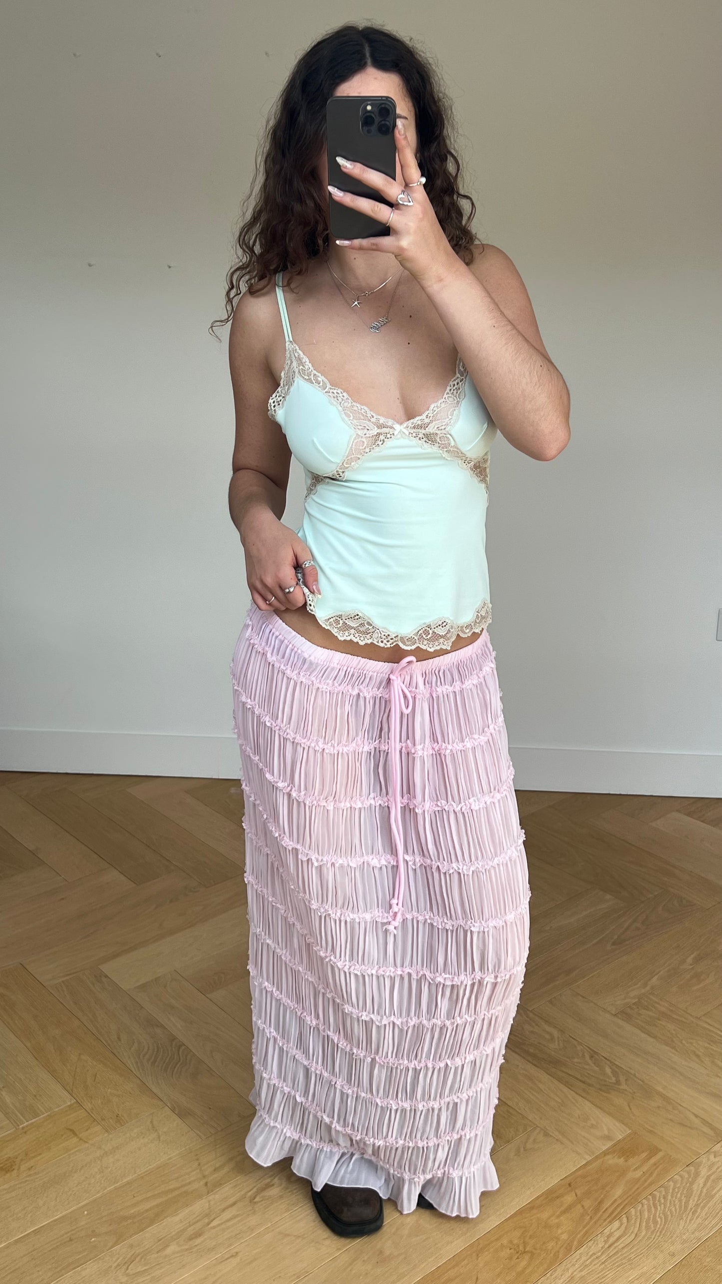 00s pink mesh maxi skirt- size S