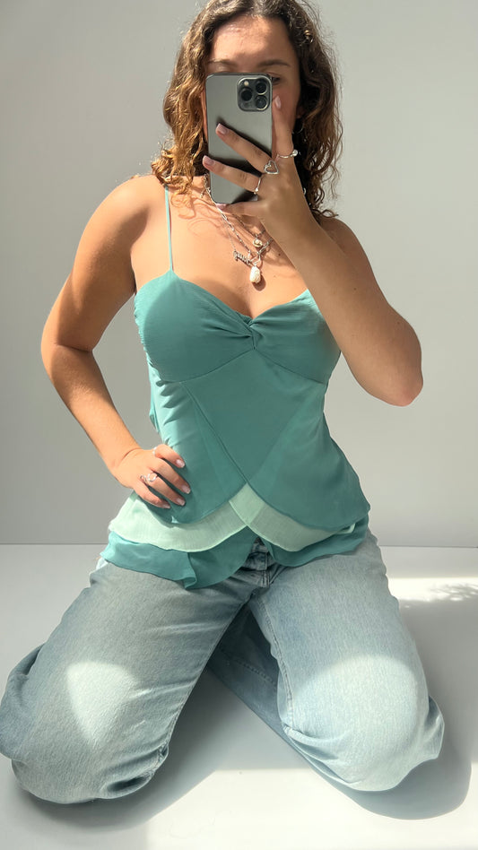 00s blue mesh ruffle cami- size M