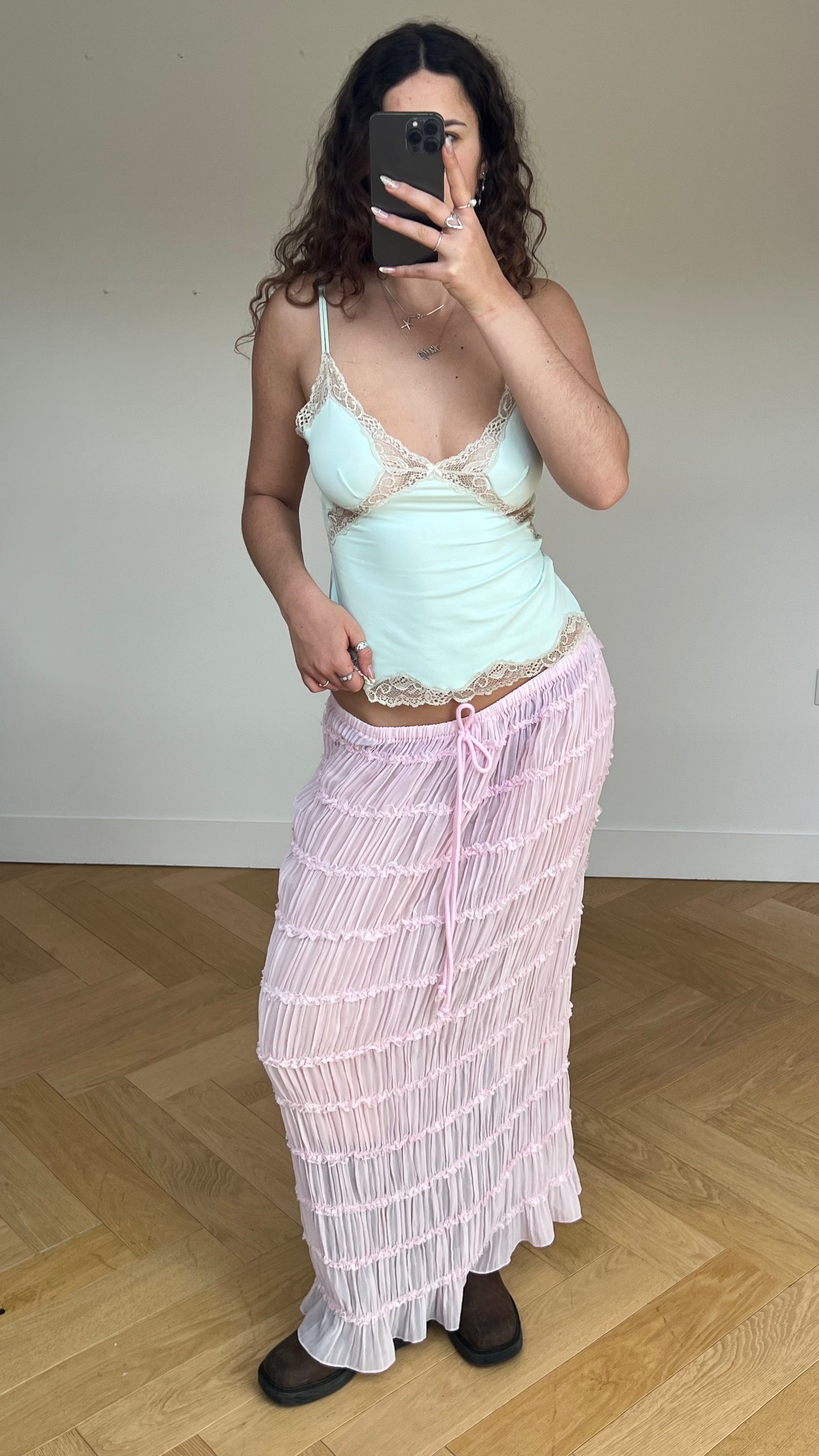 00s pink mesh maxi skirt- size S