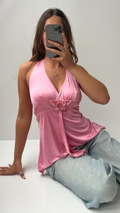 00s pink satin butterfly cami- size S
