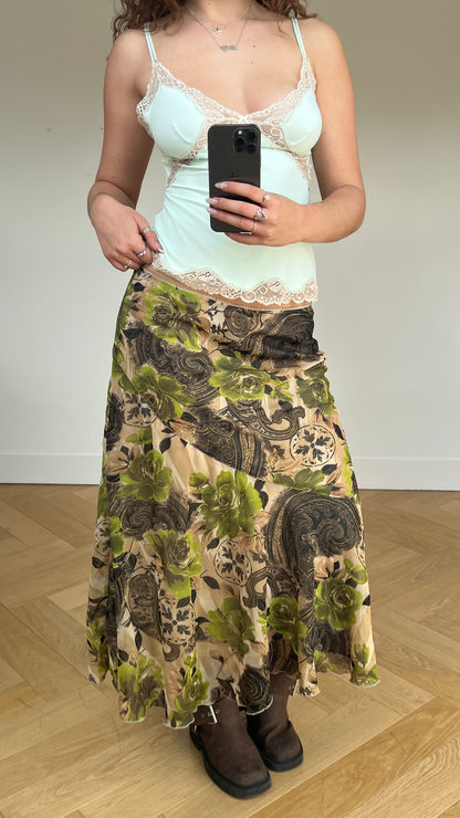 00s green floral maxi skirt- size M