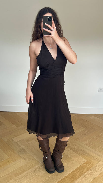 00s brown silk midi dress- size M