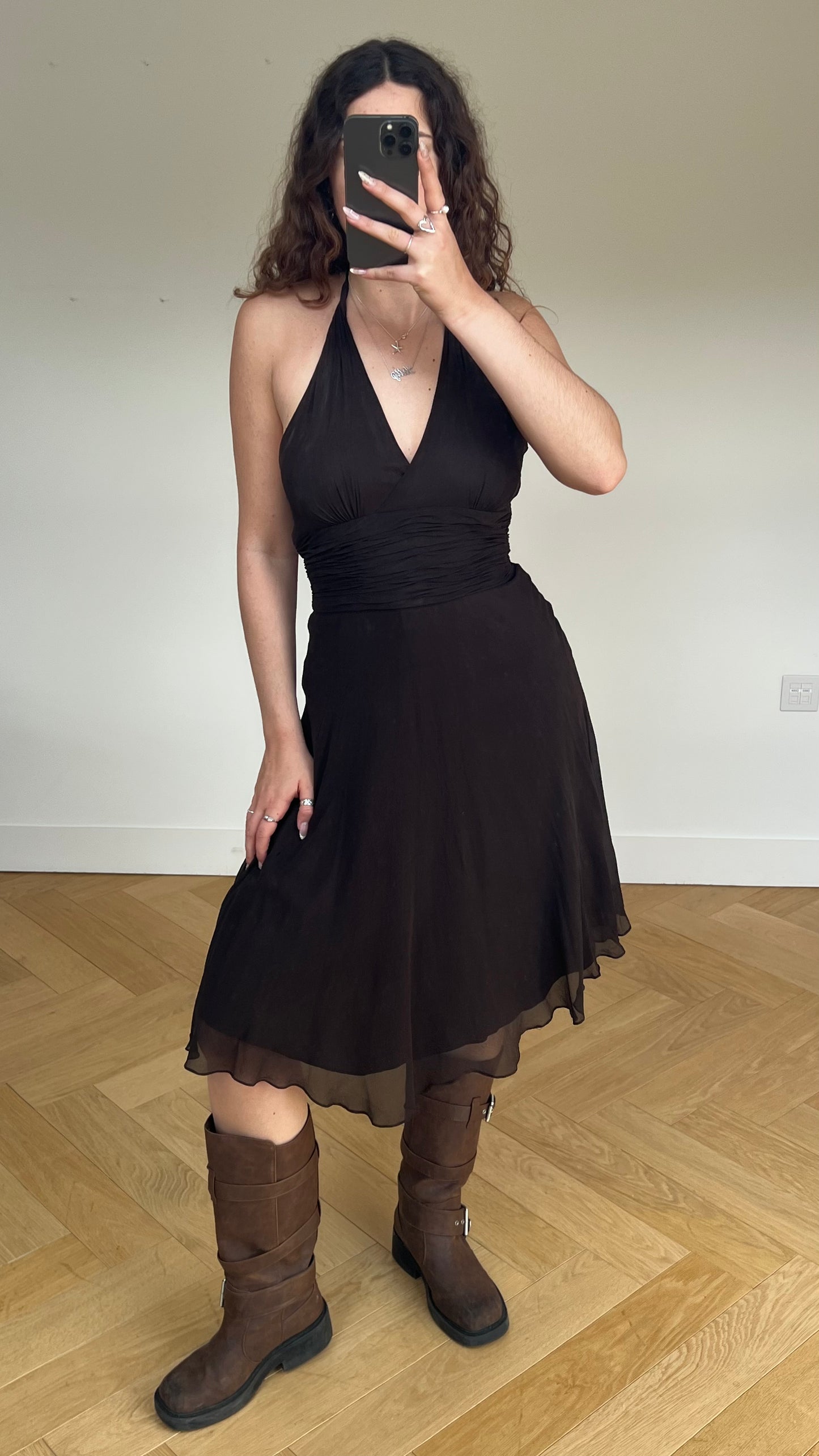 00s brown silk midi dress- size M