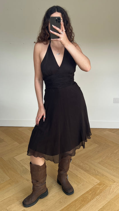 00s brown silk midi dress- size M