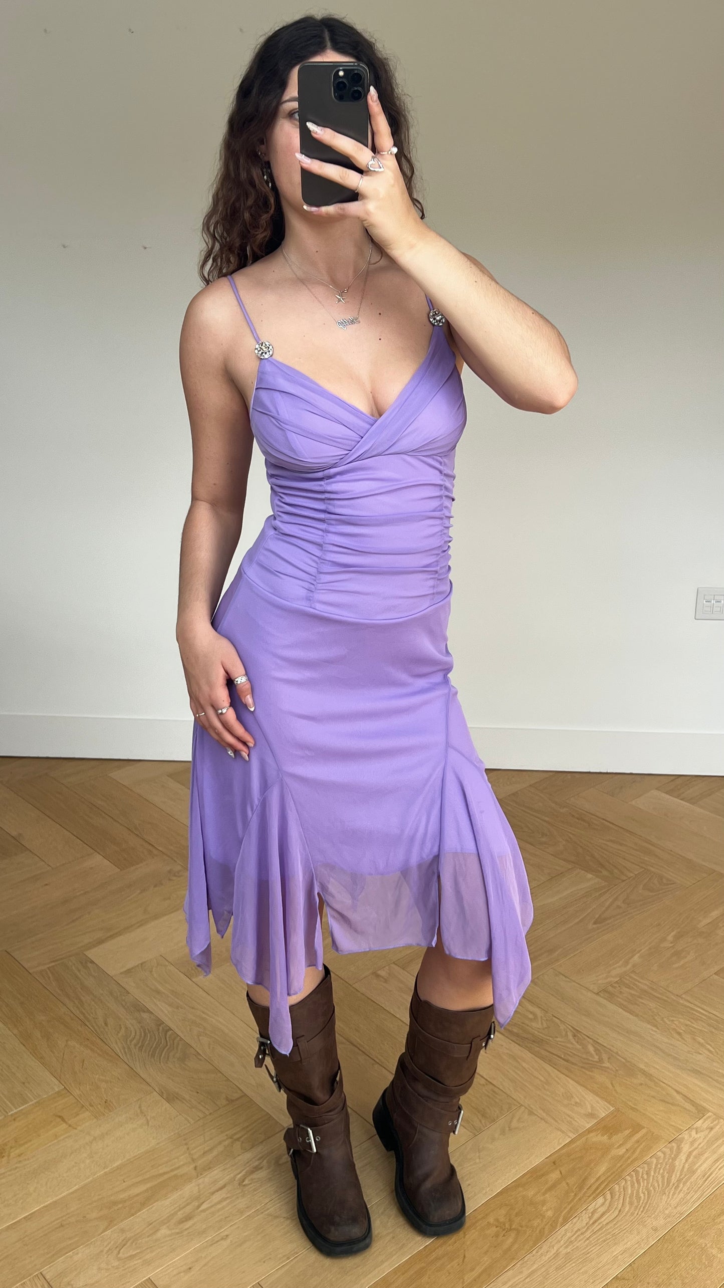 00s purple mesh midi dress- size M