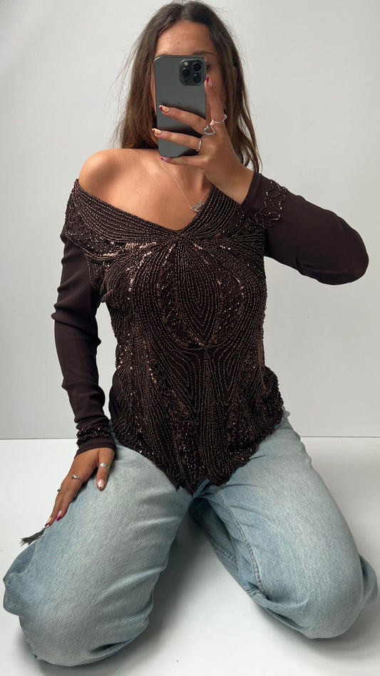 00s brown beaded long sleeve top- size XXL