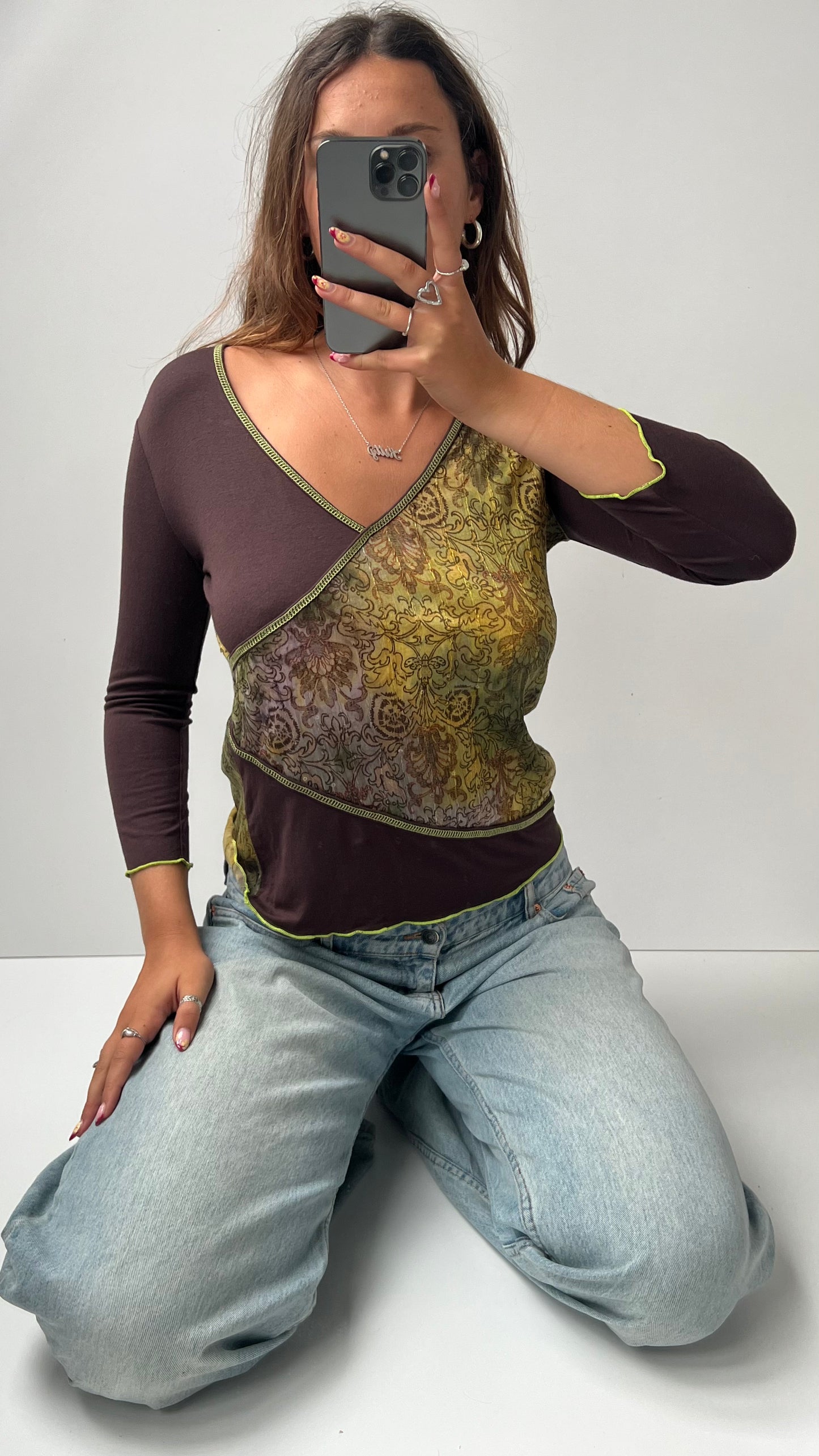 00s green brown mesh long sleeve top- size M