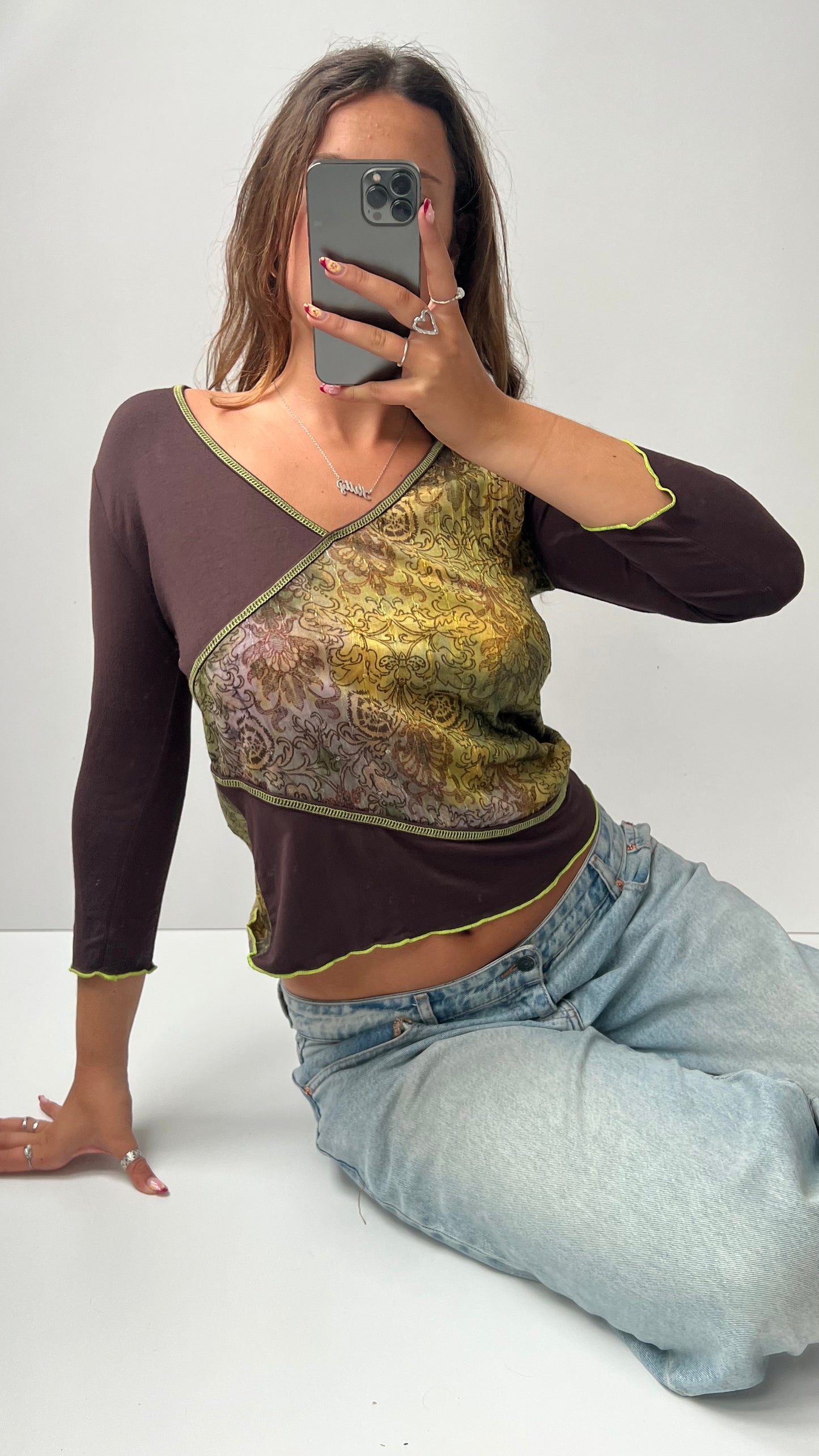 00s green brown mesh long sleeve top- size M