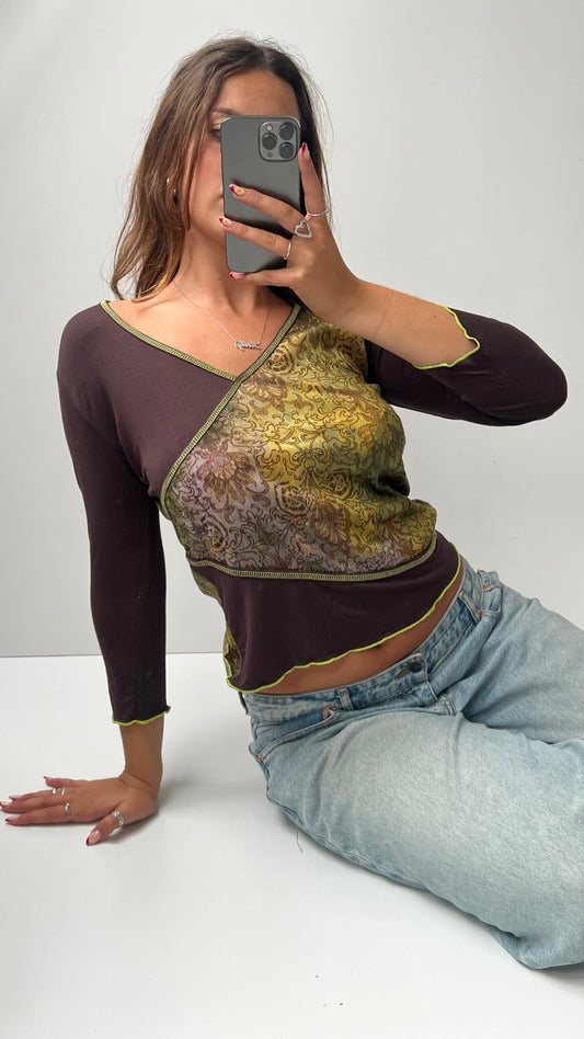 00s green brown mesh long sleeve top- size M