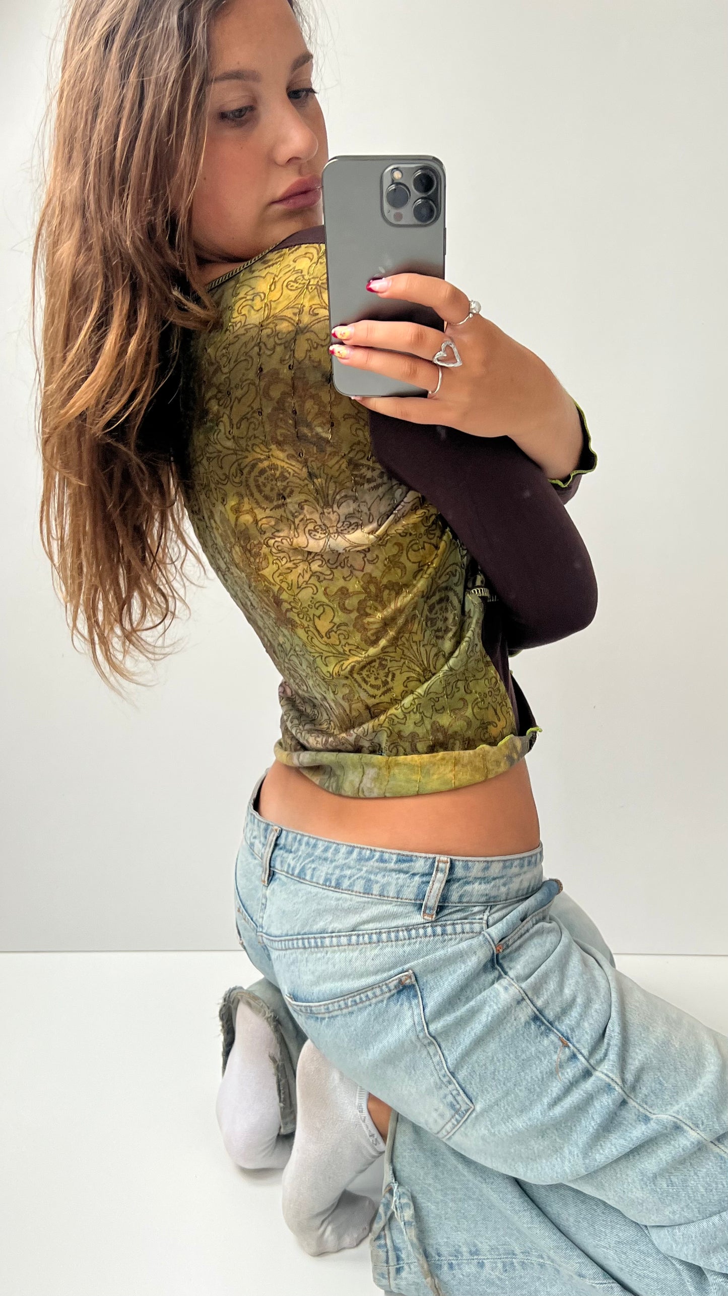 00s green brown mesh long sleeve top- size M
