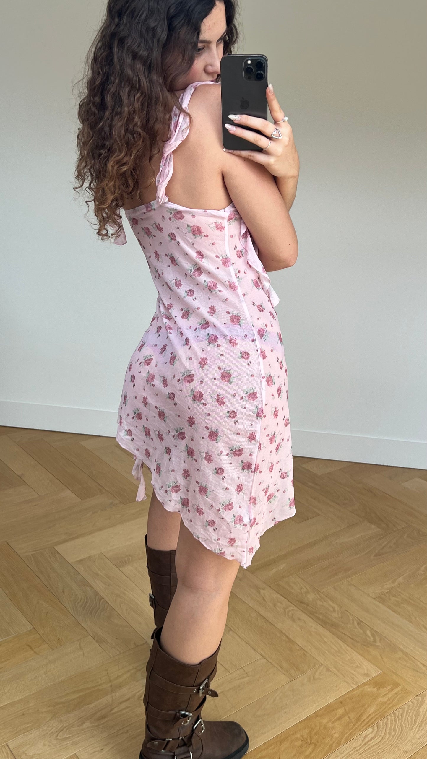 00s pink mesh floral mini dress- size M