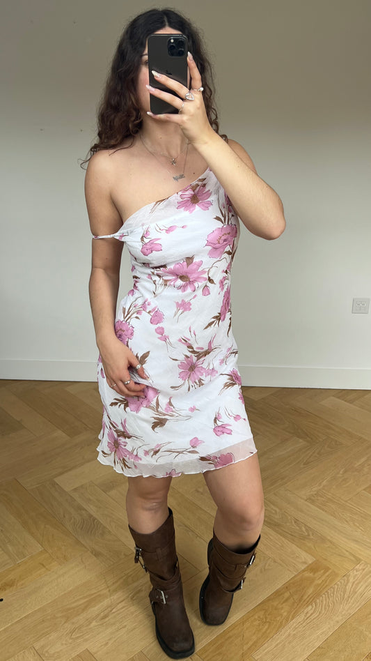 00s white pink floral midi dress- size XS
