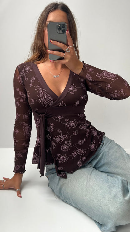 00s brown pink mesh long sleeve top- size S