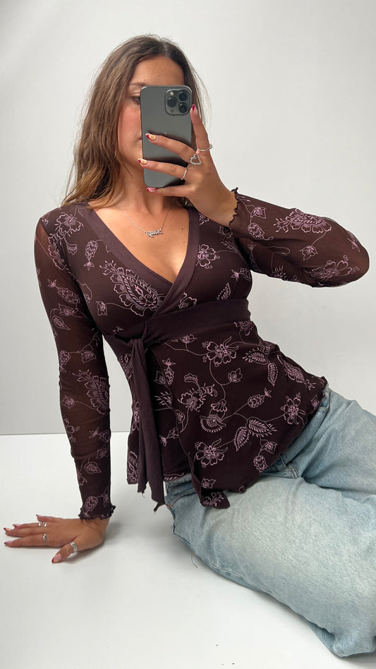 00s brown pink mesh long sleeve top- size S