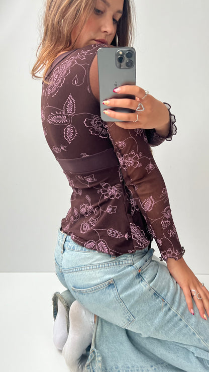 00s brown pink mesh long sleeve top- size S