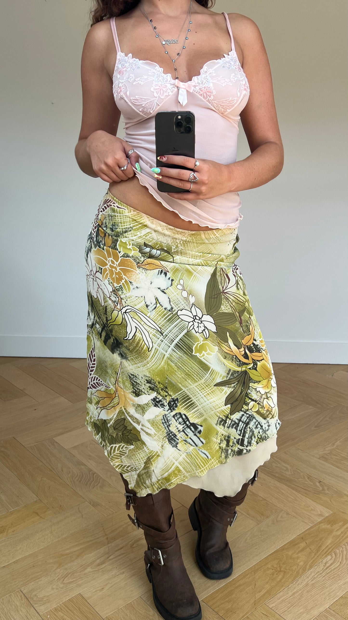 00s green floral midi skirt- size M