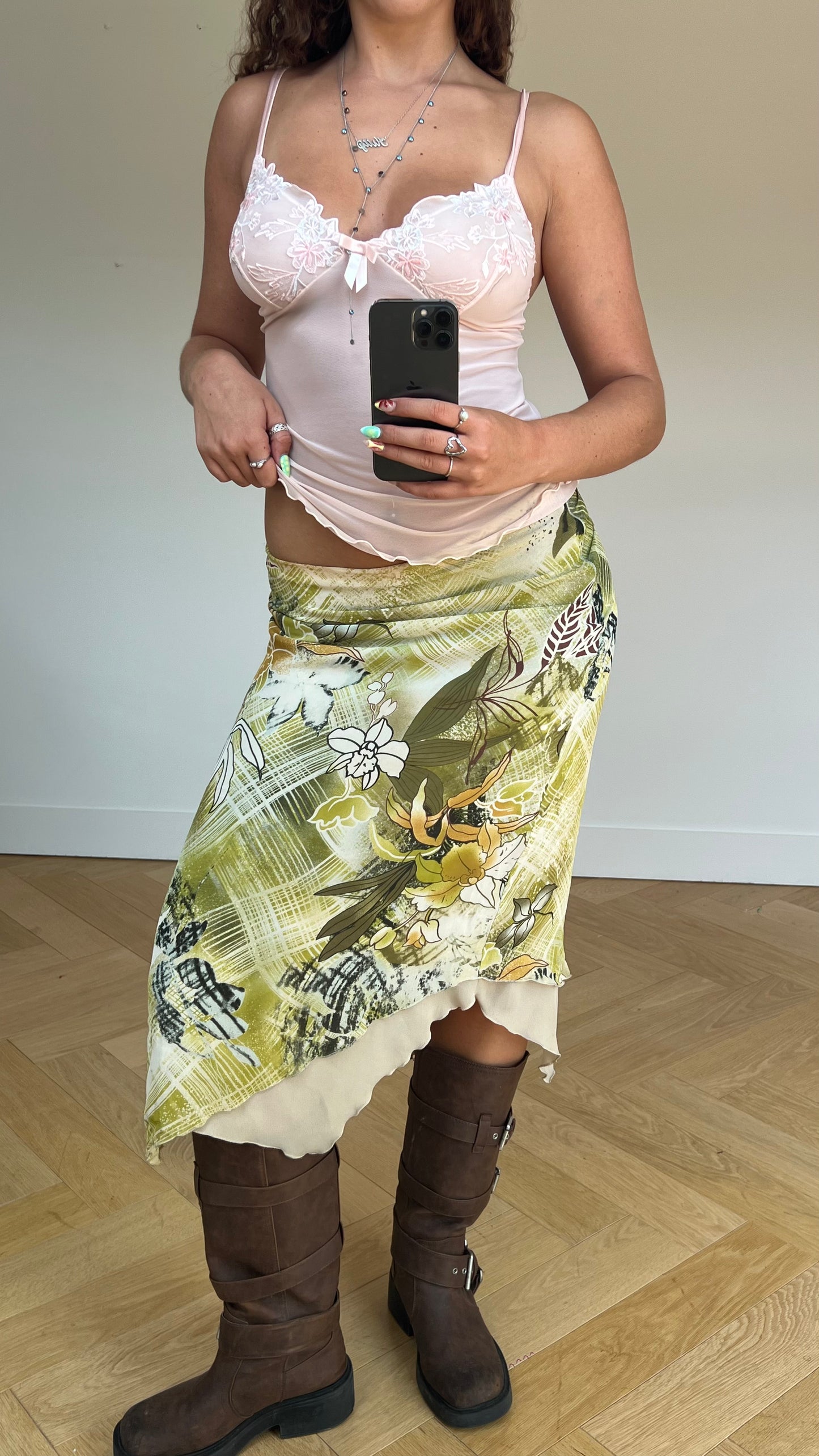 00s green floral midi skirt- size M