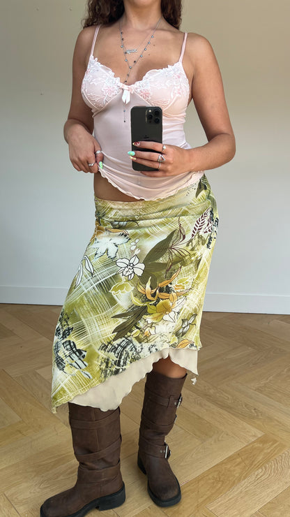 00s green floral midi skirt- size M