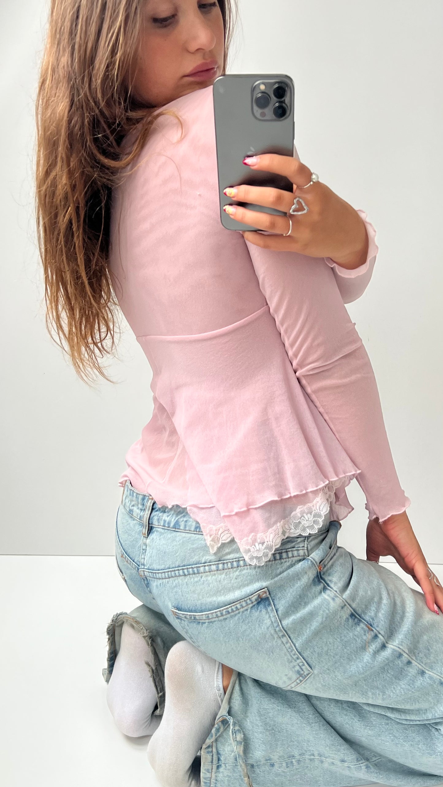 00s pink mesh long sleeve top- size S