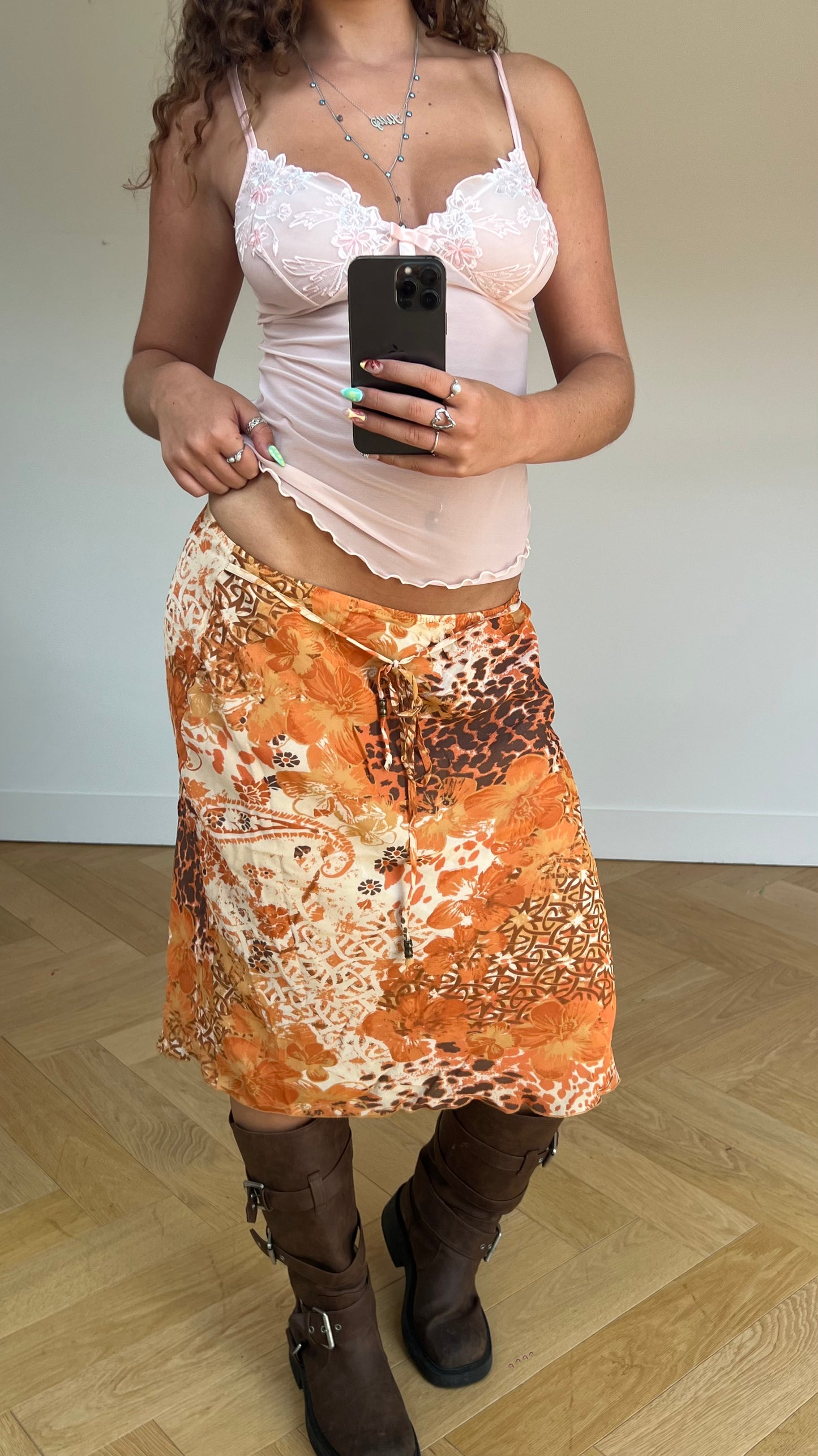 00s orange floral midi skirt- size M