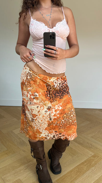 00s orange floral midi skirt- size M