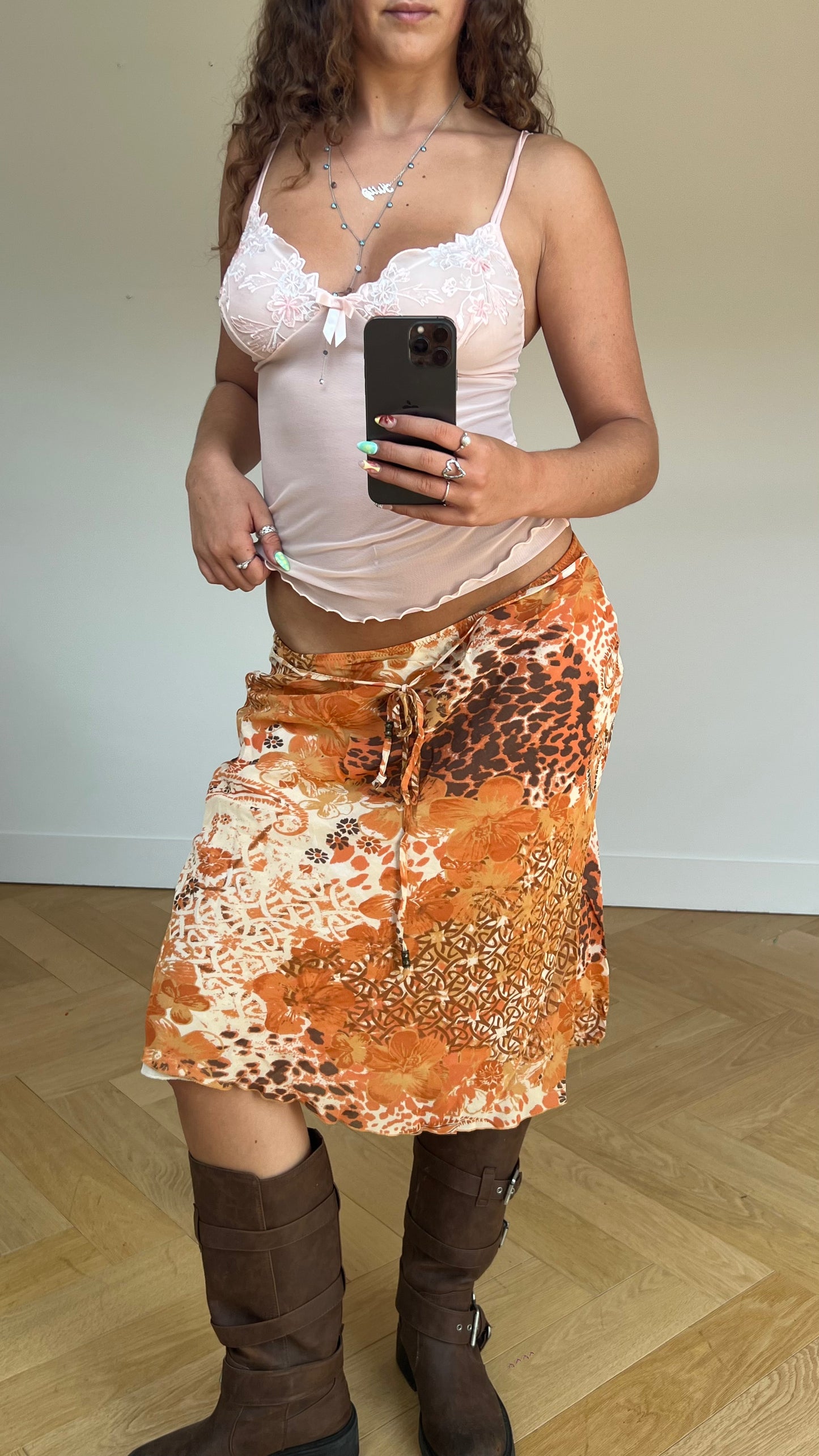 00s orange floral midi skirt- size M