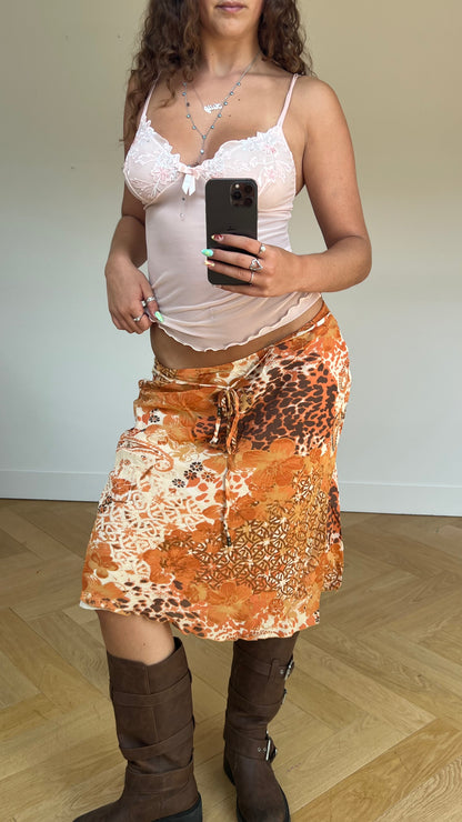 00s orange floral midi skirt- size M
