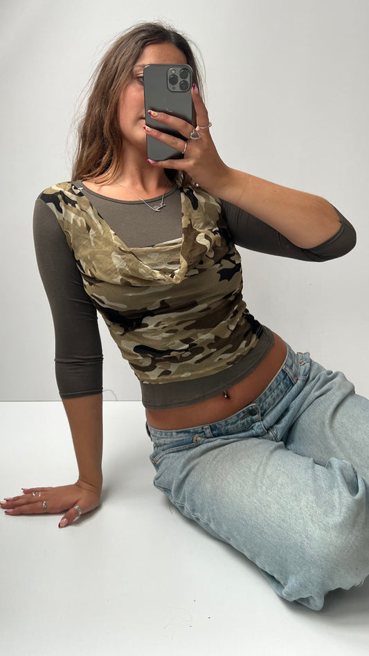 00s khaki camo long sleeve top- size XS