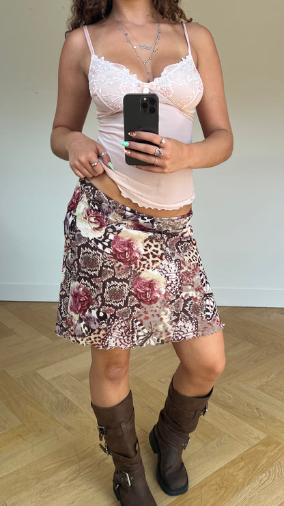 00s pink floral midi skirt- size M
