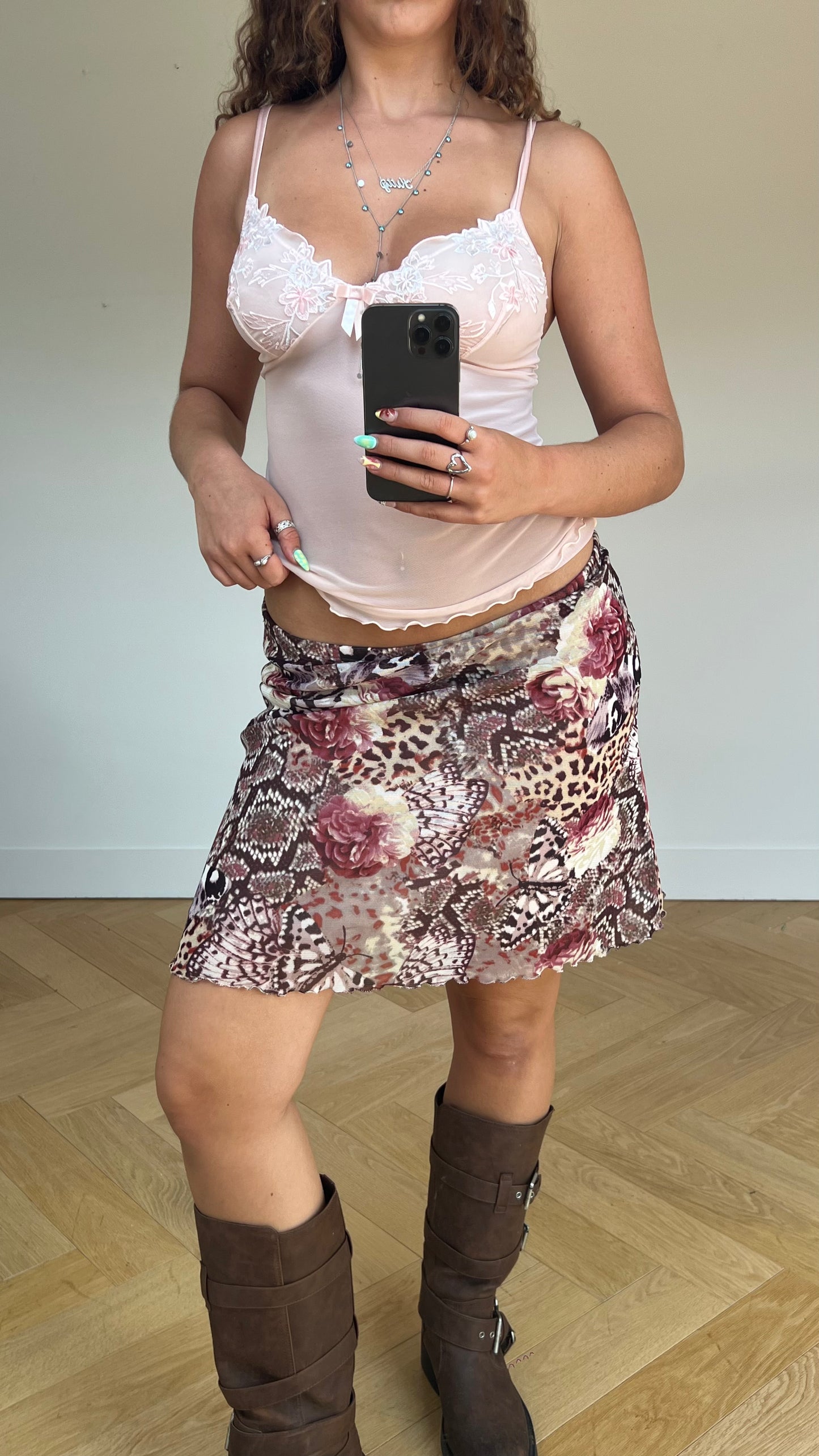 00s pink floral midi skirt- size M