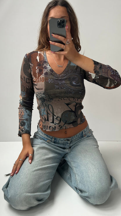 00s brown graphic mesh long sleeve top- size S