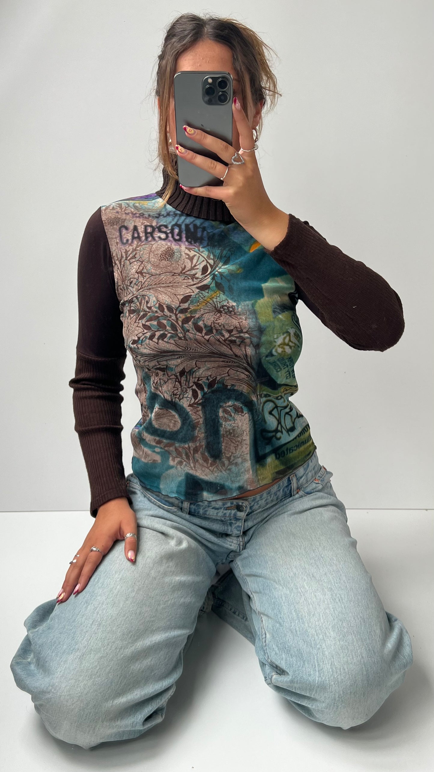 00s brown green mesh long sleeve top- size M
