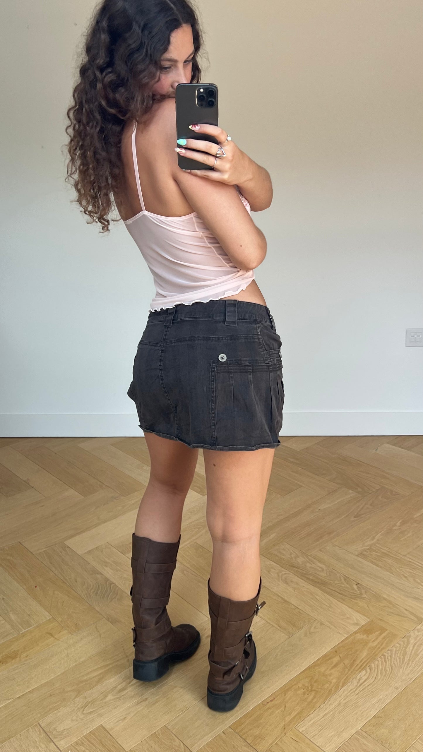 00s brown denim mini skirt- size L