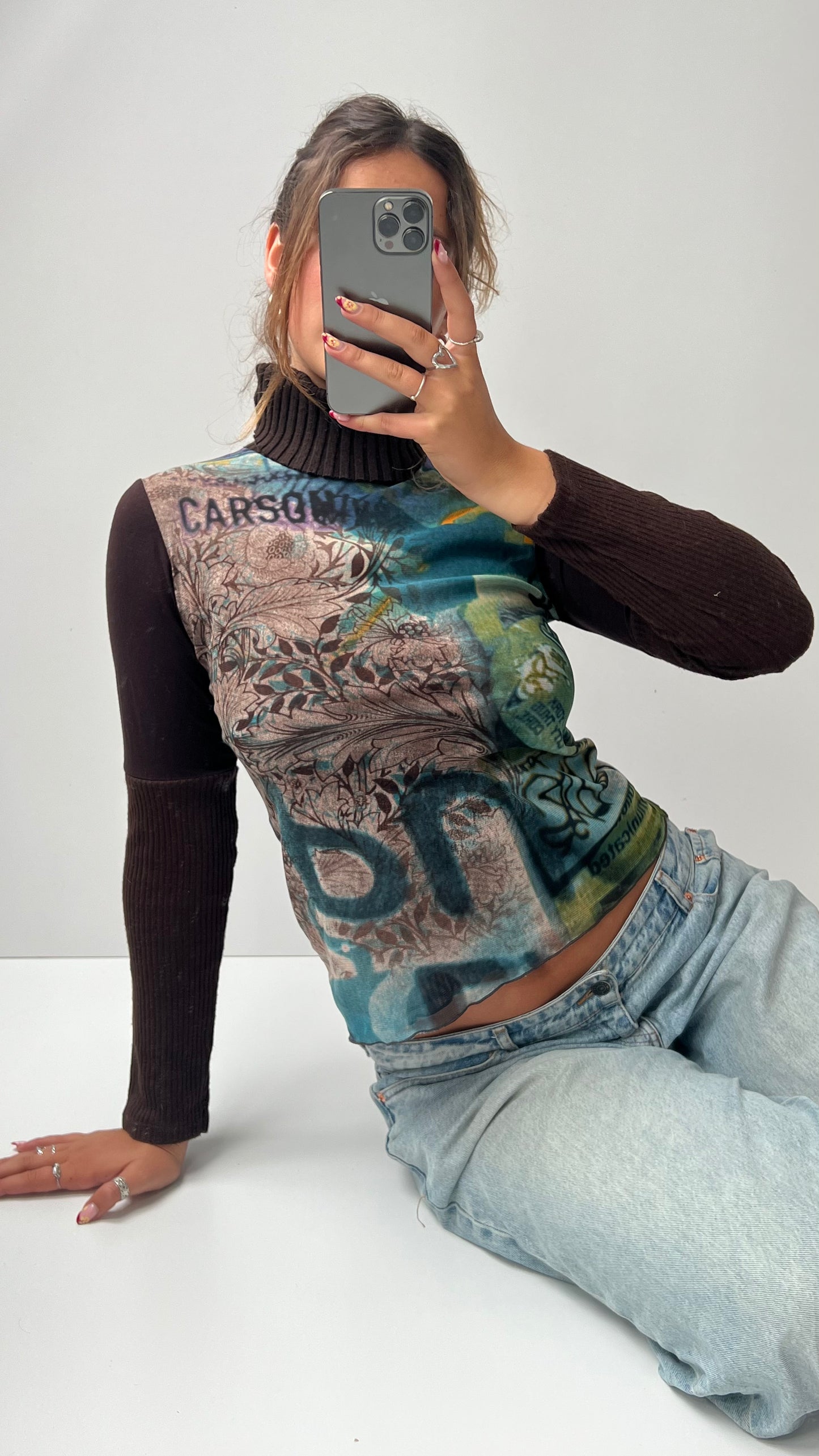 00s brown green mesh long sleeve top- size M