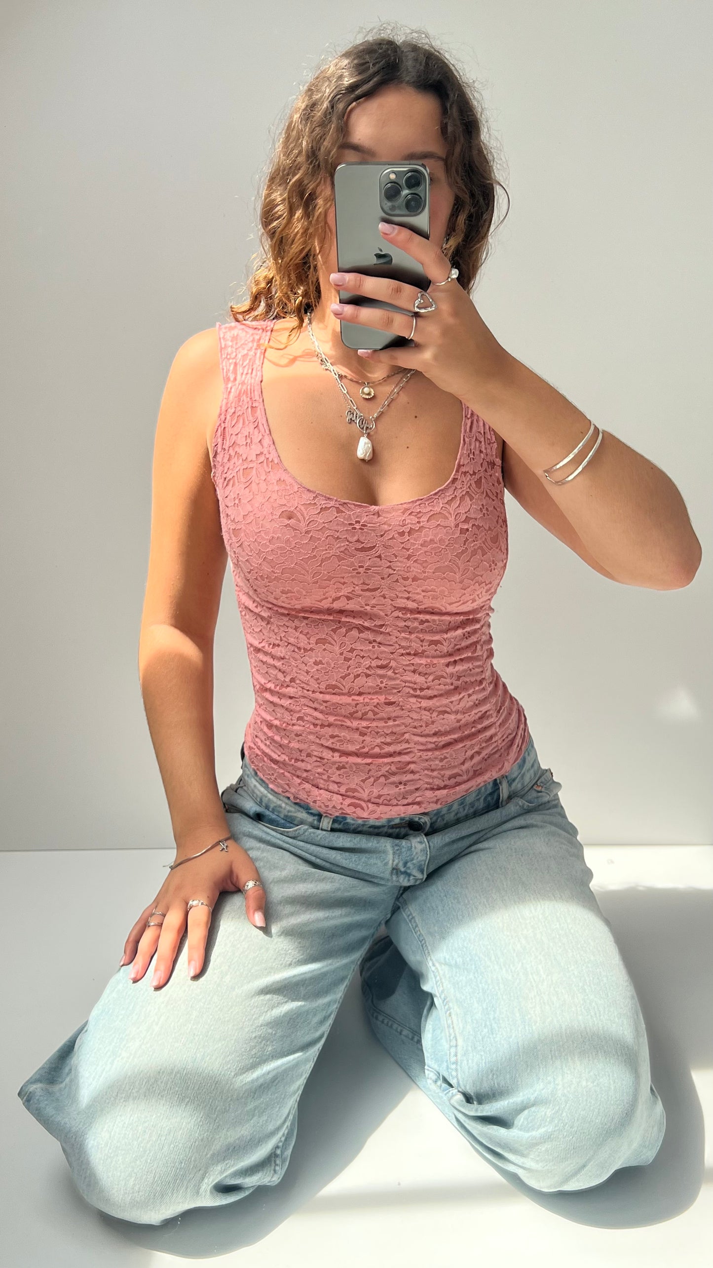 00s pink lace tank top- size S