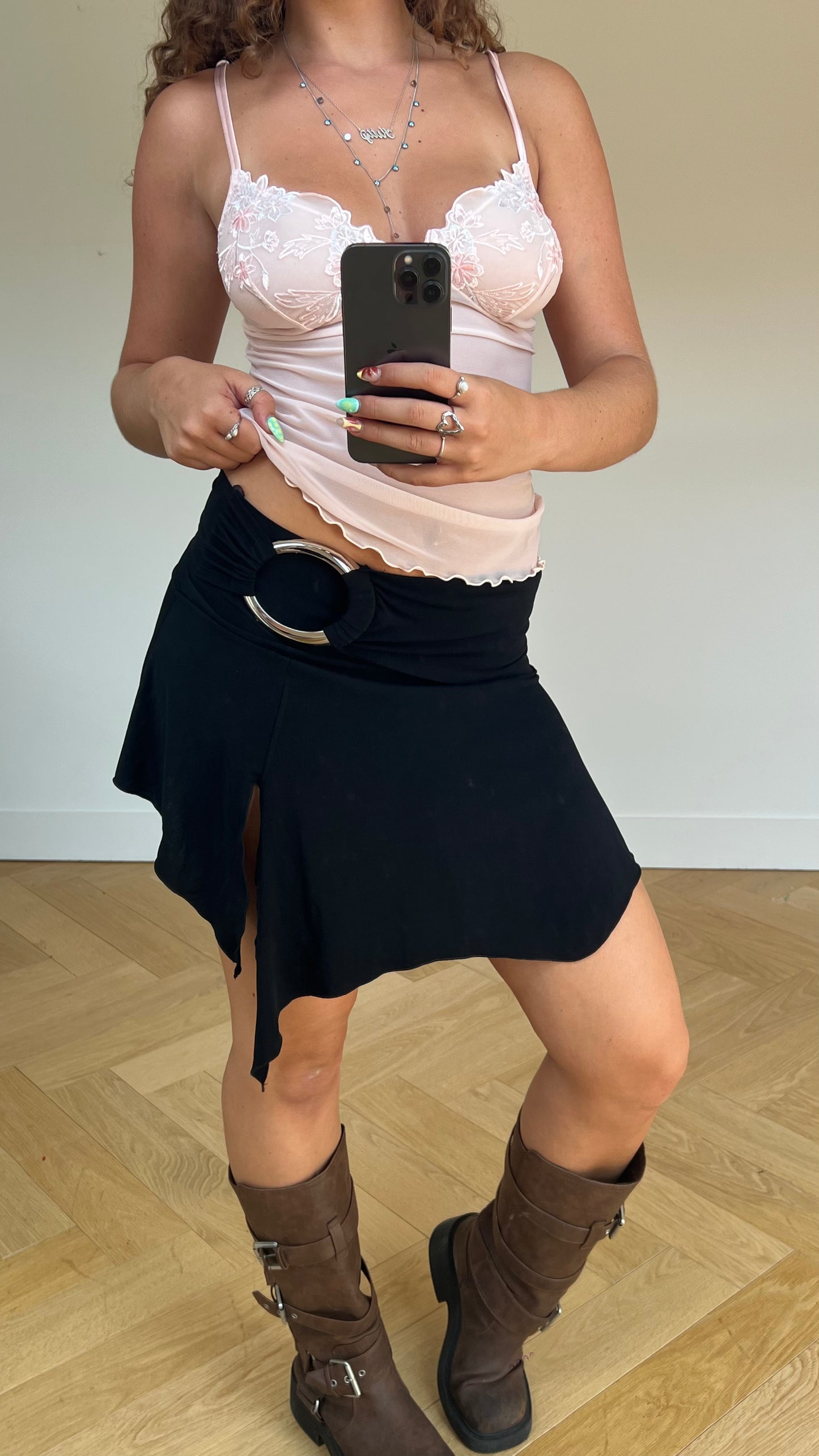 00s black asymmetric mini skirt- size S