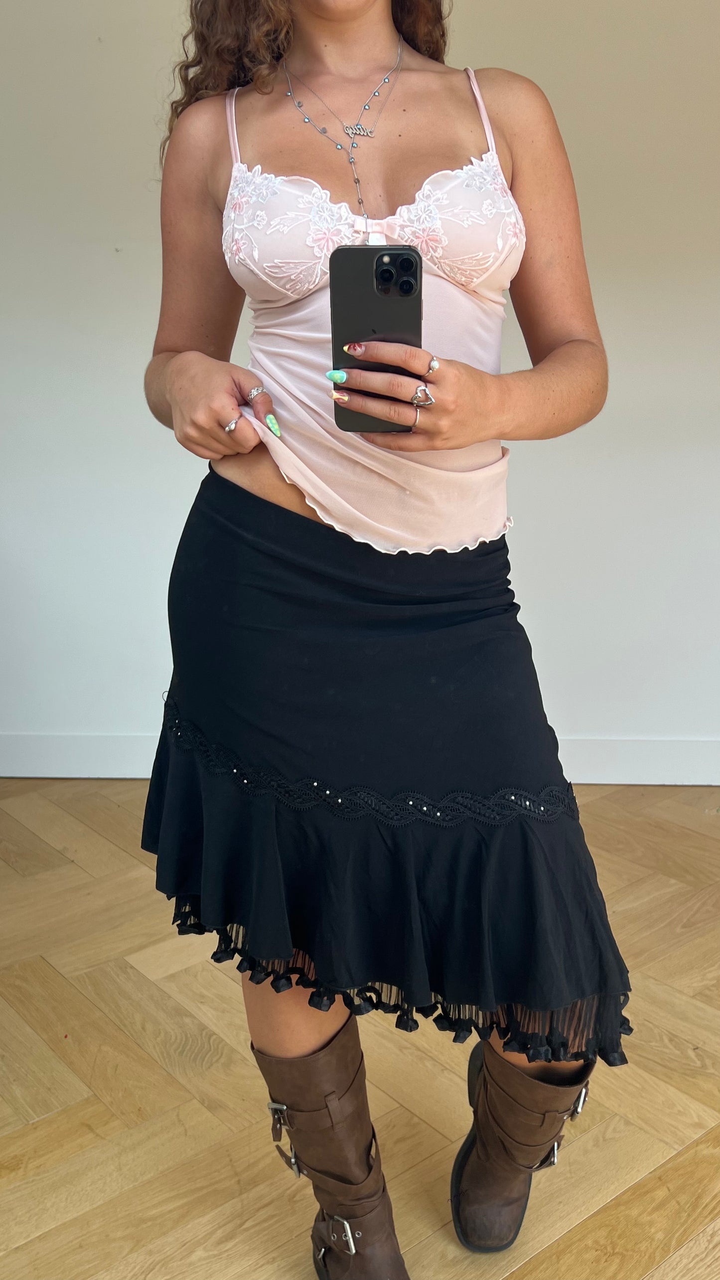 00s black asymmetric midi skirt- size M