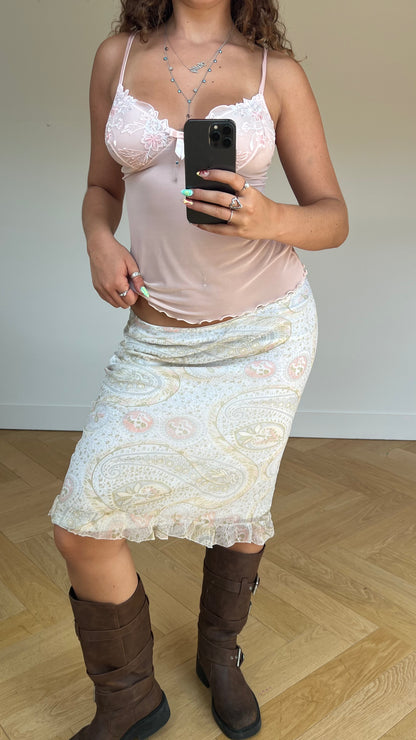 00s white paisley midi skirt- size L