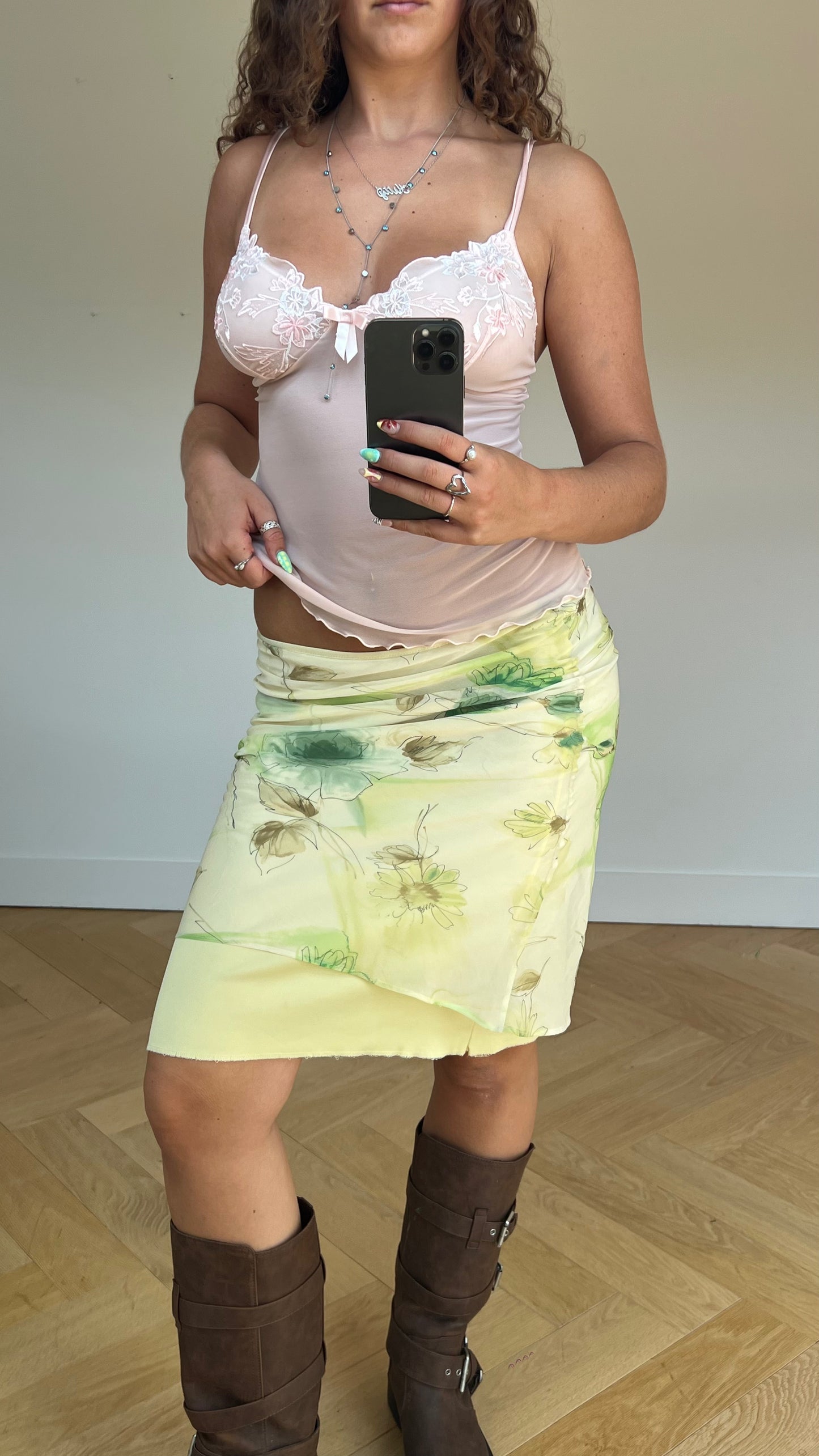 00s green floral midi skirt- size S