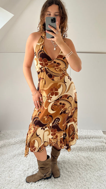 00s brown slinky midi dress- size L