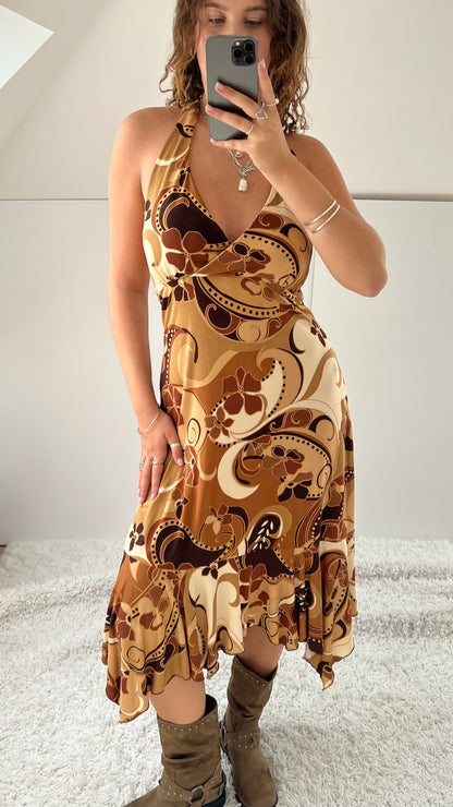 00s brown slinky midi dress- size L