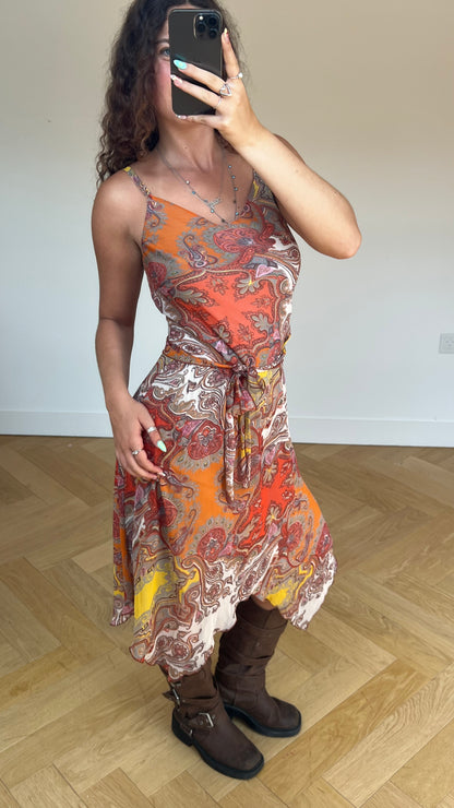 00s orange paisley midi dress- size M