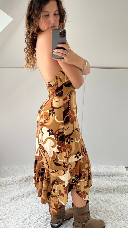00s brown slinky midi dress- size L