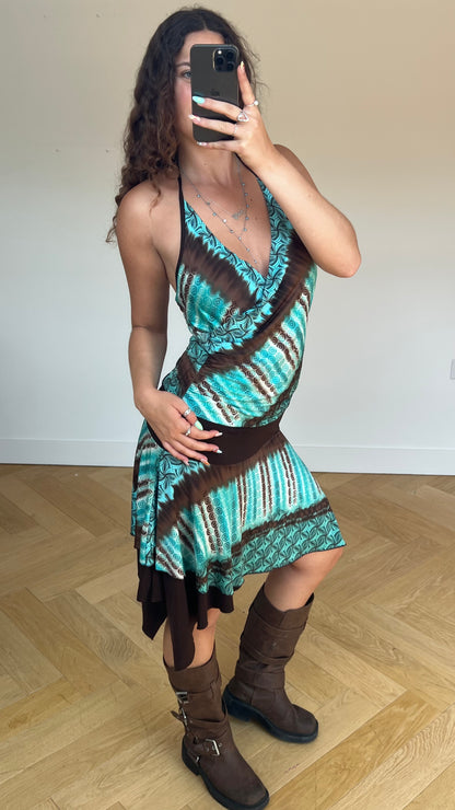 00s blue brown midi dress- size M