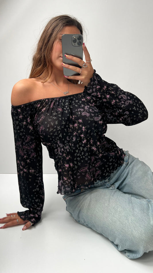 00s black pink floral mesh long sleeve top- size L