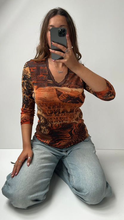 00s brown orange mesh long sleeve top- size M