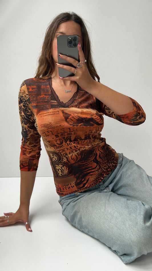00s brown orange mesh long sleeve top- size M