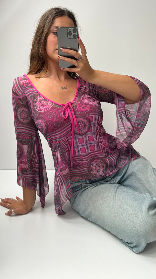00s pink mesh long sleeve top- size M