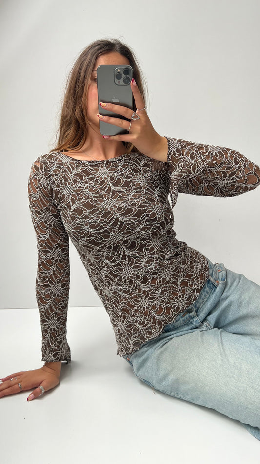 00s brown lace long sleeve top- size S